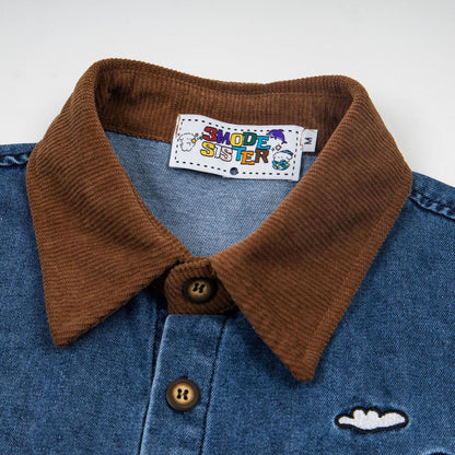 Cute little dog embroidered denim short sleeved shirt