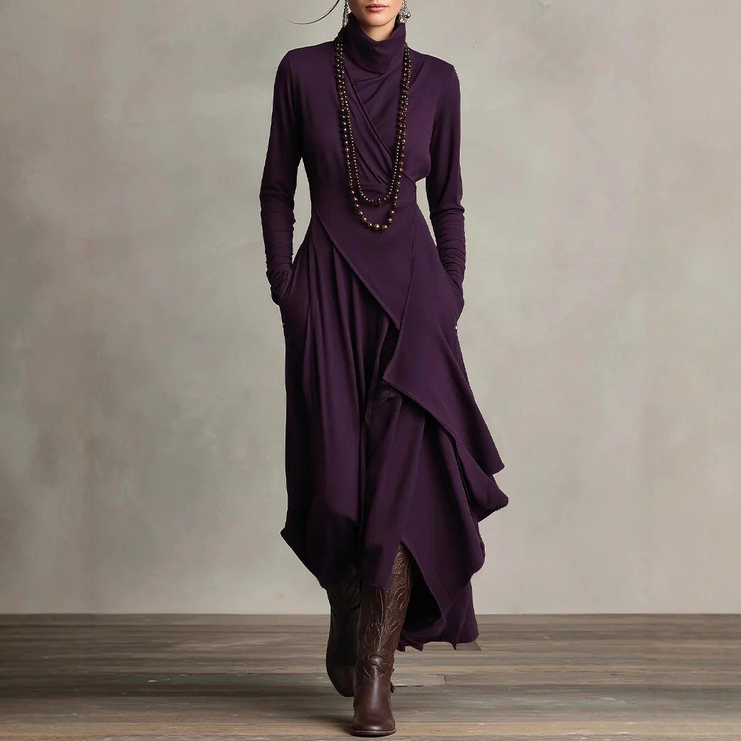 Robe à col montant unie à manches croisées pour femme