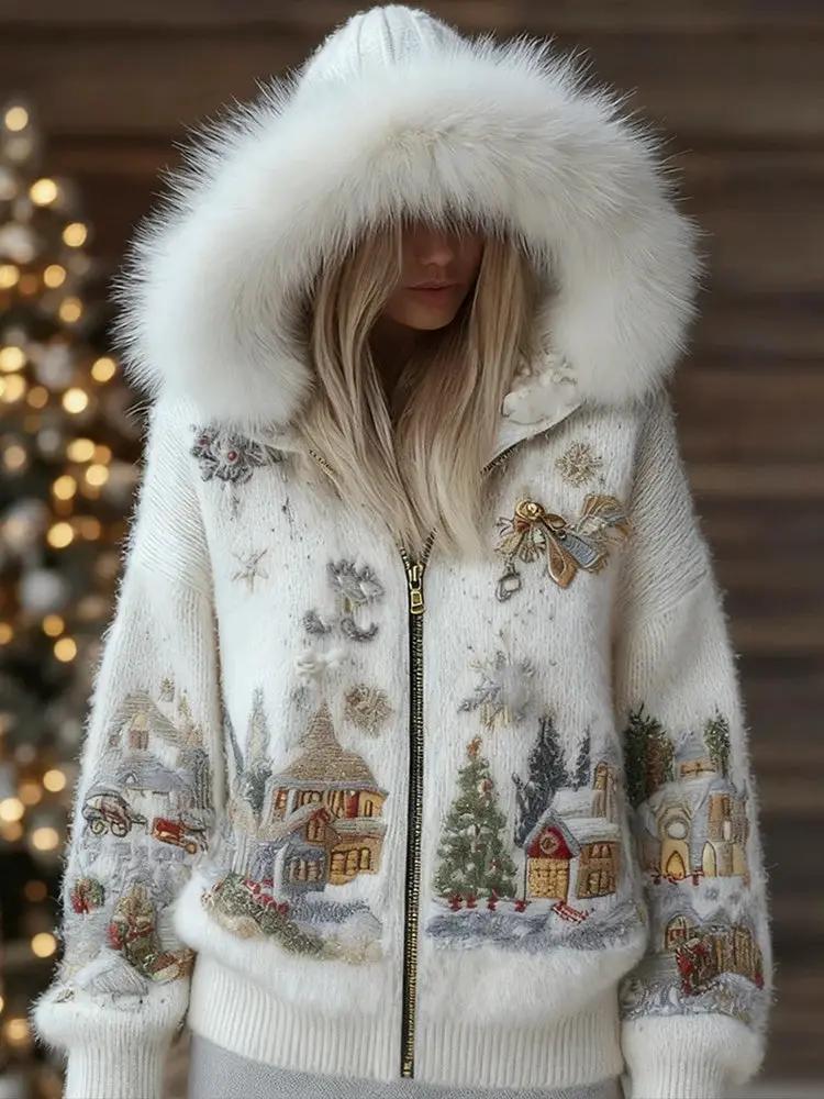 Men's white hooded sweatshirt with fluffy fur-trimmed hood and festive winter village print