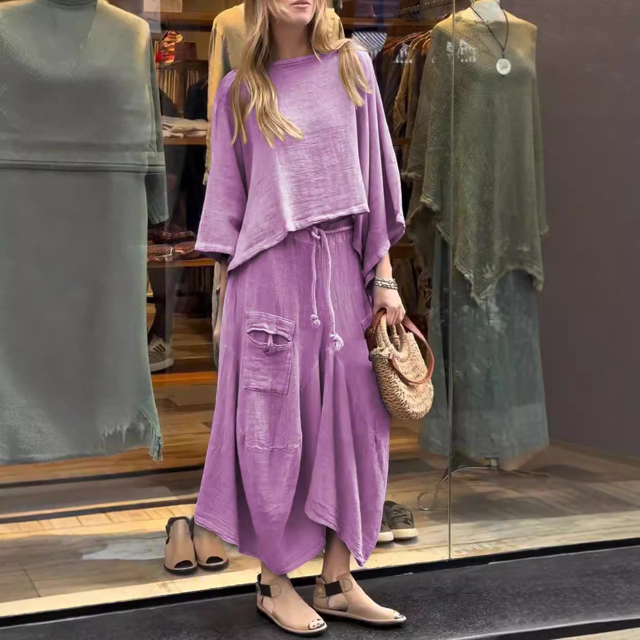 Traje de dos piezas de vestido holgado de color liso casual