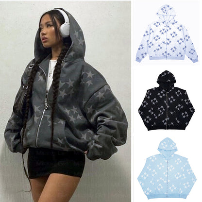 Cardigan à Capuche Zippé Imprimé Étoiles, Vêtement d'Extérieur Tendance pour Couple, Sweat-shirt à Capuche, Manteau Homme Femme Streetwear