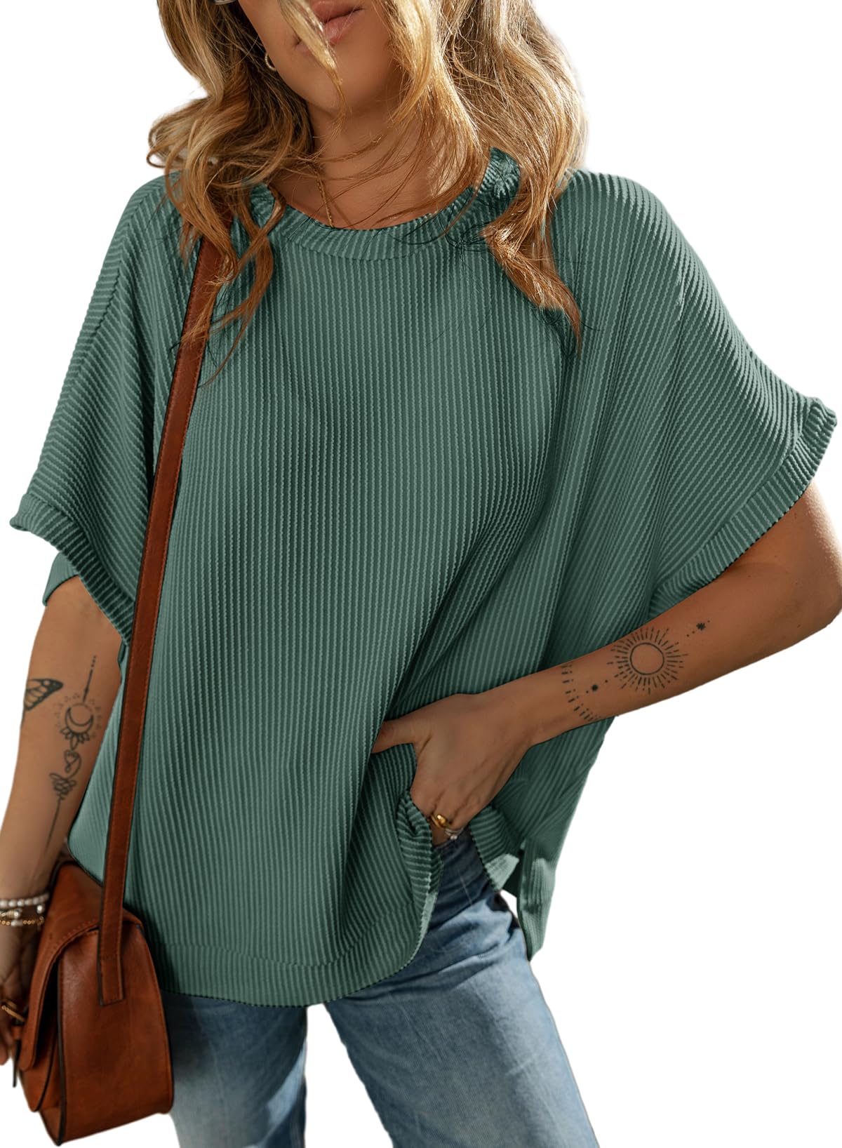 T-shirt en tricot couleur unie pour femme, pull ample et décontracté