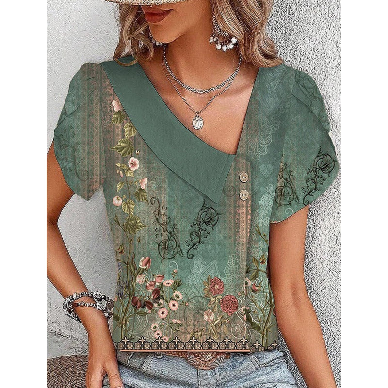 Camiseta de manga corta con cuello diagonal informal