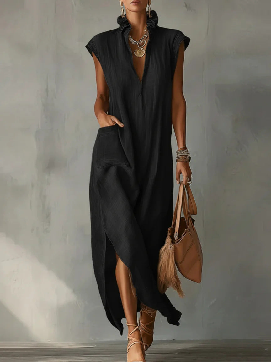 Women's Cotton-Linen Sleeveless Solid-Color Dress