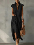 Women's Cotton-Linen Sleeveless Solid-Color Dress