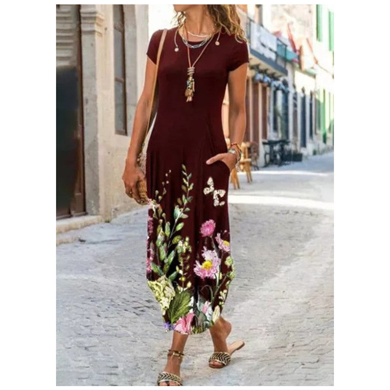 Vestido de cuello redondo, manga corta, con bolsillo y estampado a la moda