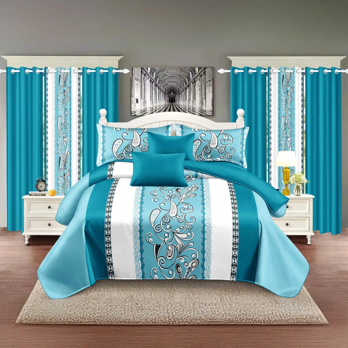 9-Piece turquoise paisley bedding and curtain set on a bed by AdTec