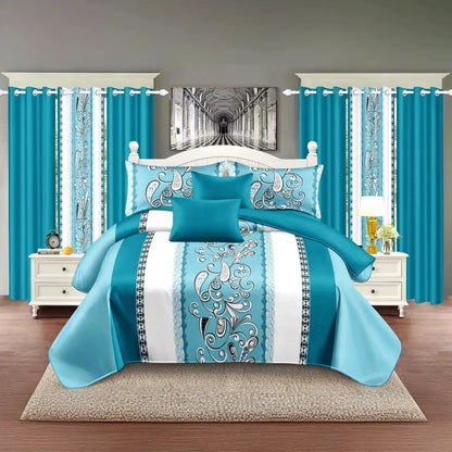 9-Piece turquoise paisley bedding and curtain set on a bed by AdTec