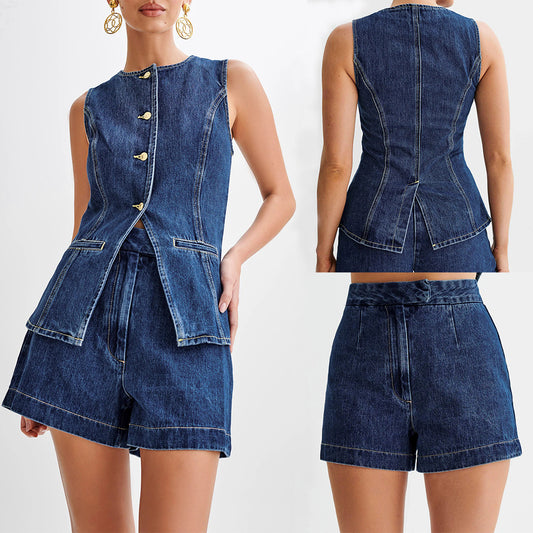 Traje de mujer de mezclilla sin mangas casual a la moda