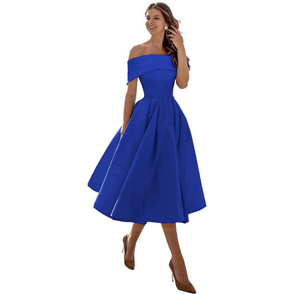 Robe de Soirée Formelle en Satin pour Femme sans Bretelles, Coupe Décontractée, Longueur Thé, Épaules Dénudées, avec Poches