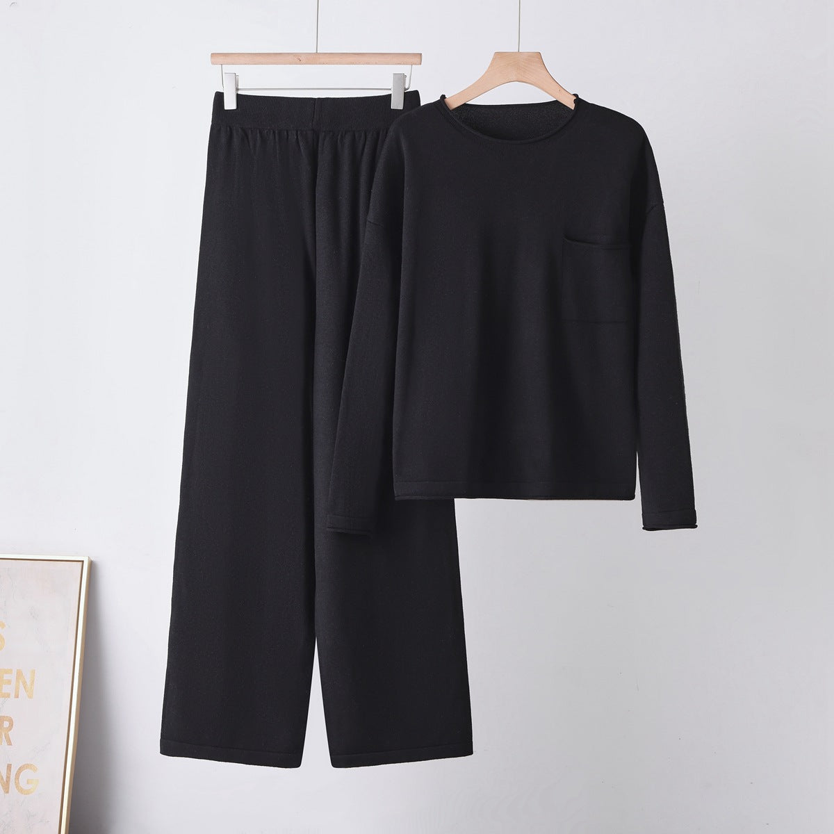 Round Neck Pocket Sweater  Loose Casual Wide-Leg Pants for Women