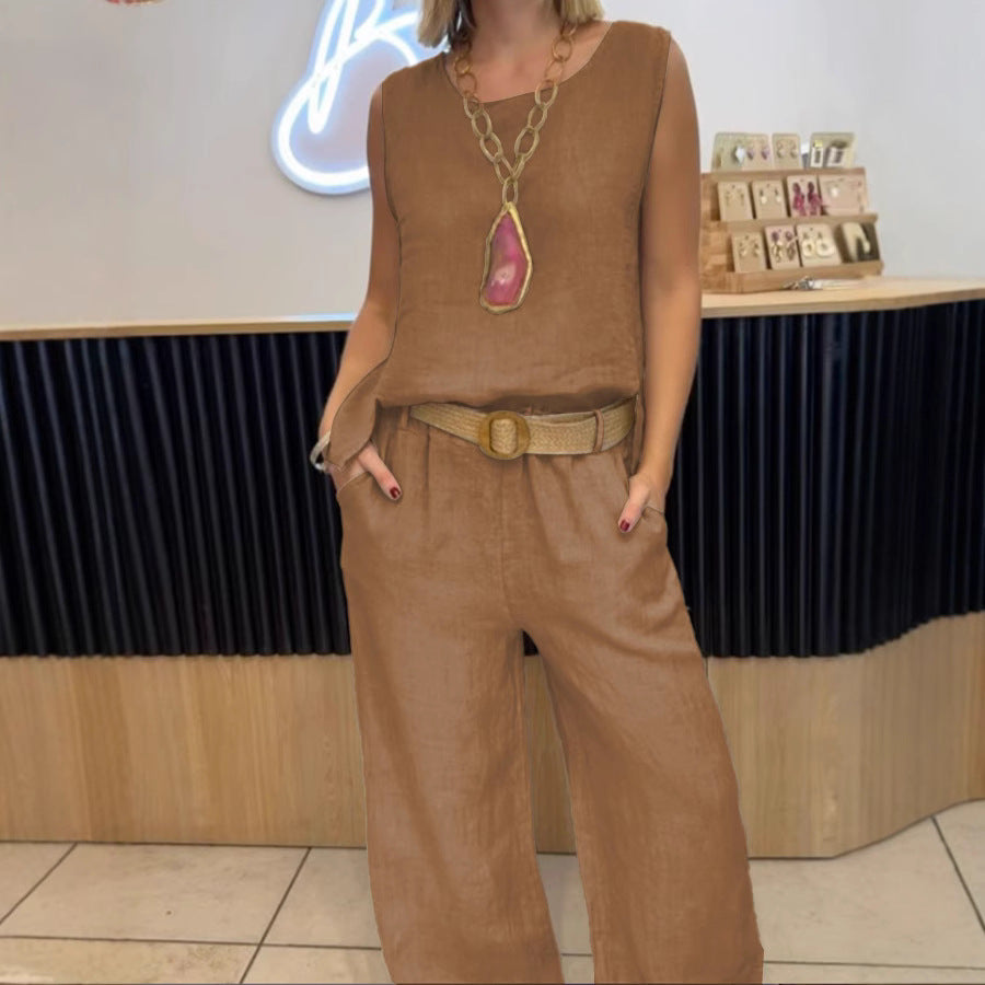 Ensemble deux pièces décontracté pour femme, pantalon sans manches en coton et lin à col rond et gilet