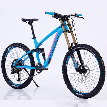 Blue aluminum alloy full-suspension mountain bike with front suspension fork and disc brakes