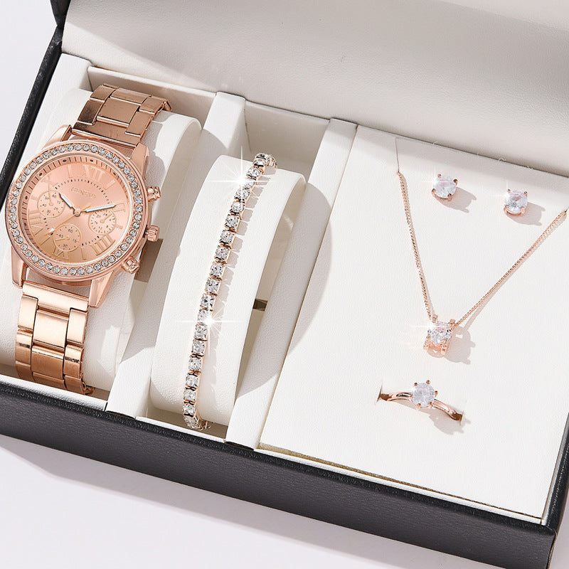 Reloj de cuarzo de tres ojos para mujer con incrustaciones de diamantes