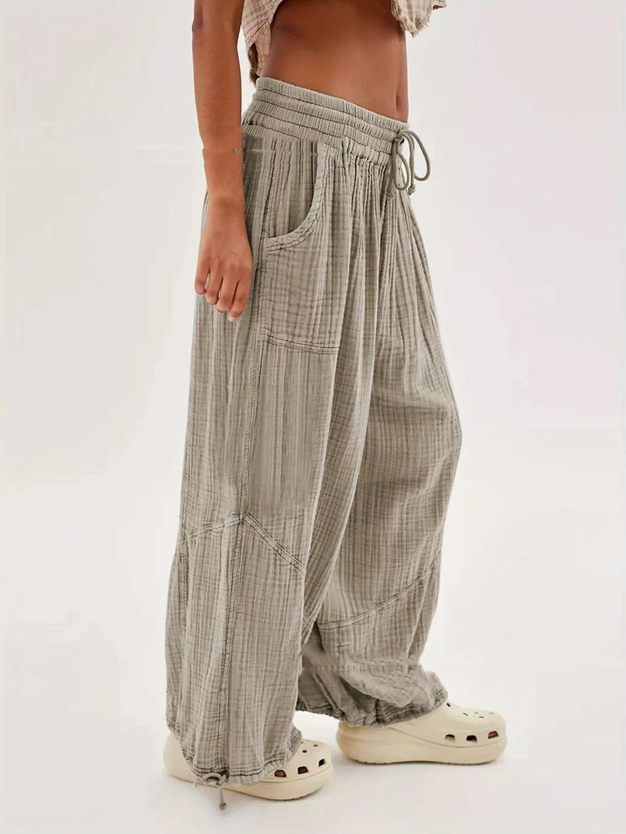 Pantalon ample décontracté à lacets et jambes larges pour femme