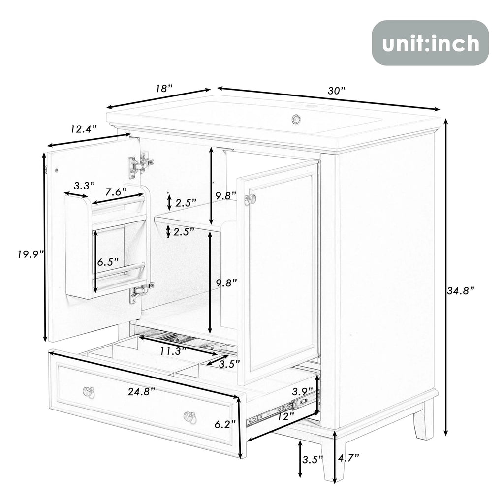30inchgrey Bathroom Vanity with Sink ComboMulti-functional Bathroom Cabinet with Doors and Drawer Solid Frame and MDF Board by eprolo