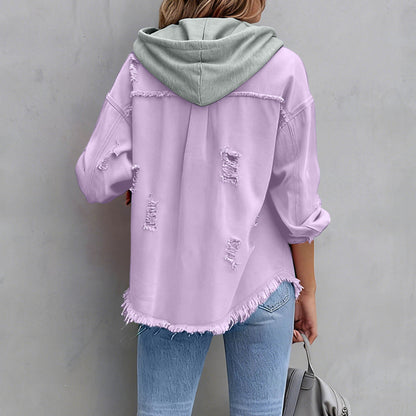 Womens Solid-Color Loose Denim Hooded Jacket