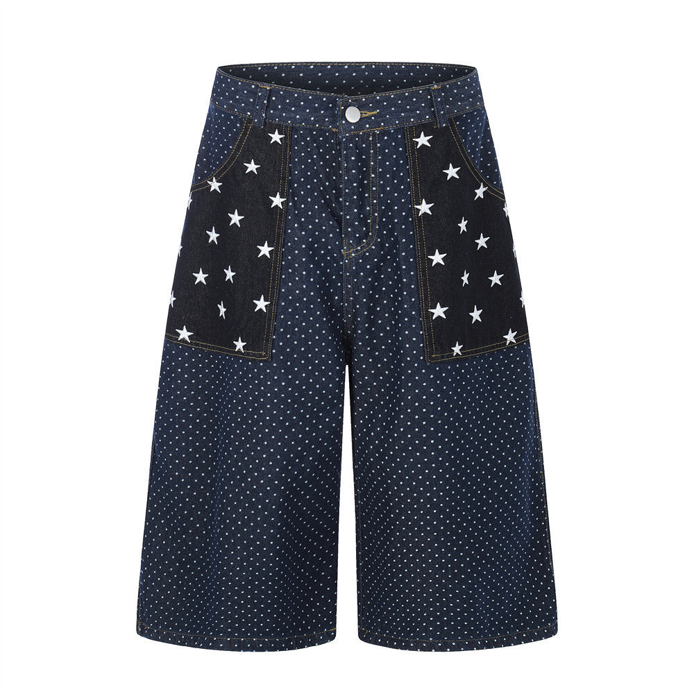 Star pocket polka dot denim cropped pants