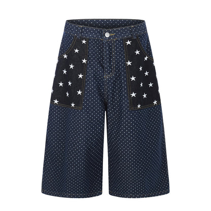 Star pocket polka dot denim cropped pants