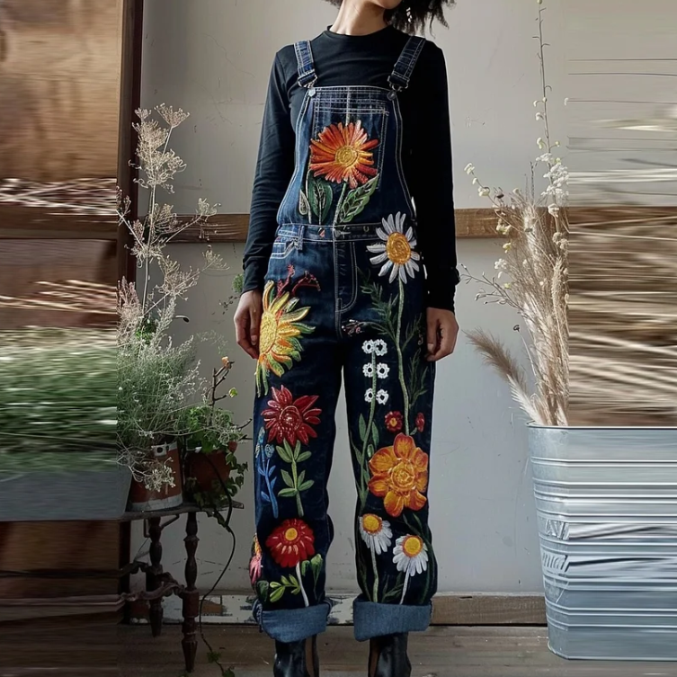 Art Oil Painting Plant Floral Print Jeans Jumpsuit