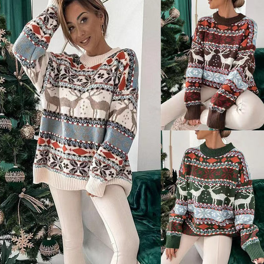 Suéter de manga larga de cuello redondo holgado con estampado jacquard con motivo navideño para mujer