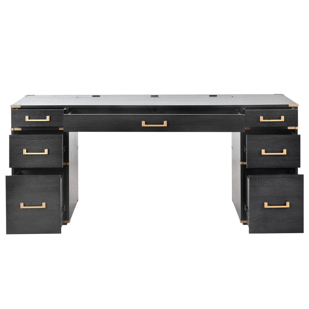 70 inch classic and traditional executive desk with metal trim, writing desk with 2 file drawers, USB ports, and sockets, black by eprolo