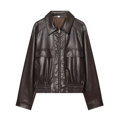 Zipper corridor shaped PU imitation leather jacket for women