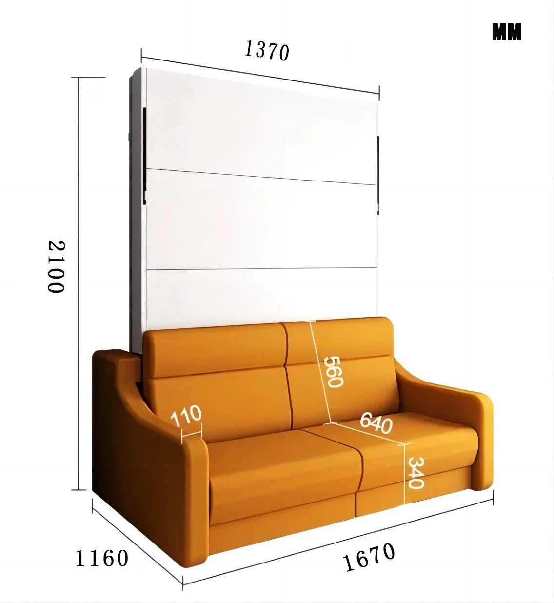 Full size Morden Deisgn vertical Murphy bed with sofa and drawers, white wall bed, space saving hidden bed with new gas pillars by eprolo