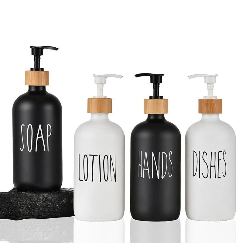 Glass 500ml Boston hand soap pump black and white split bottle wooden cap soap dispenser shampoo bottle by eprolo