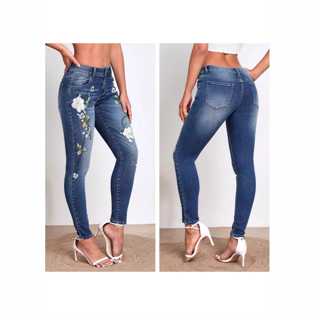 Jean skinny polyvalent brodé de fleurs pour femme