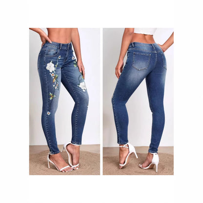 Jean skinny polyvalent brodé de fleurs pour femme