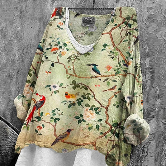 Manga Larga Informal Estampada Suelta Floral para Mujer