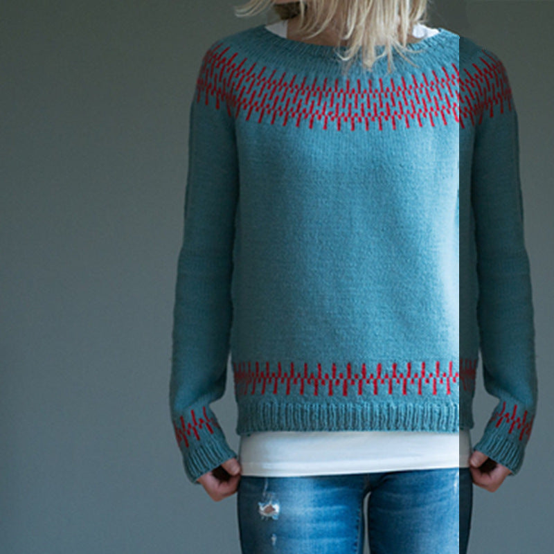 Pull en maille décontracté ample à col rond multicolore pour femme