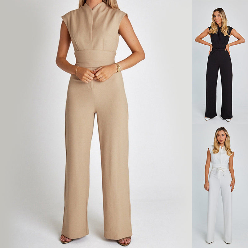Combinaison Longue Élégante sans Manches pour Femme, Col en V, Jambes Larges, Tenue Décontractée d'Été