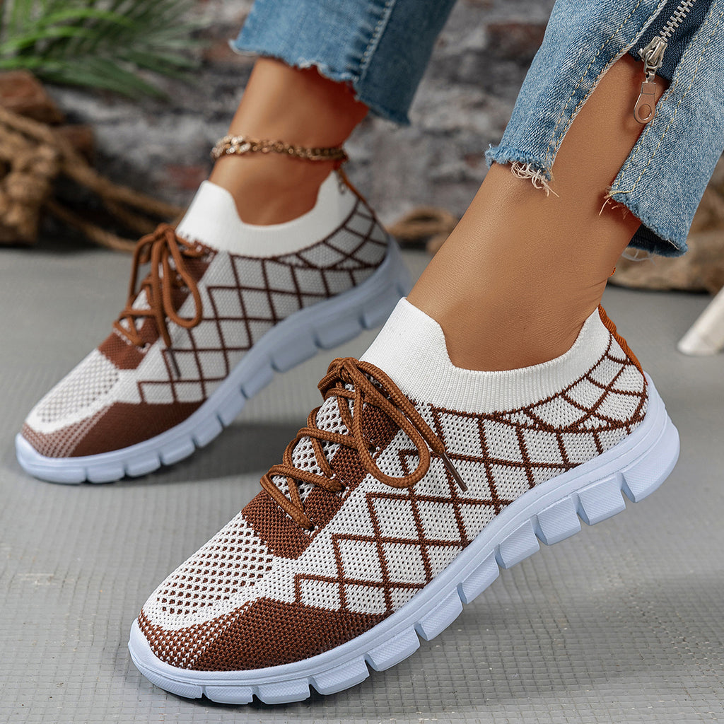 Baskets en maille Colorblock à carreaux et lacets, chaussures décontractées, mode, respirantes, de marche, de course, de sport pour femmes