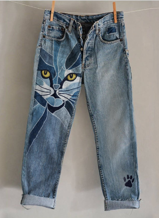 Nuevos pantalones vaqueros acampanados con estampado 3D por transferencia de calor en denim sintético