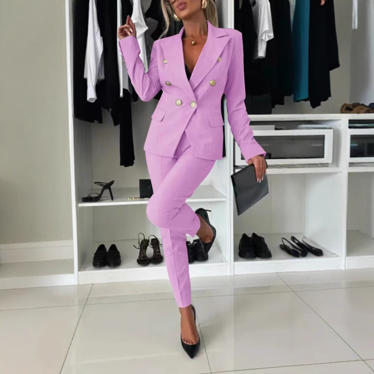 Nuevo Traje Casual Combinable Chaqueta con Botones en la Solapa y Pantalones Slim para el Conjunto de Ropa de Oficina para Mujer