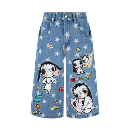 Chica estrella totalmente estampada con tejido bordado y jeans capri