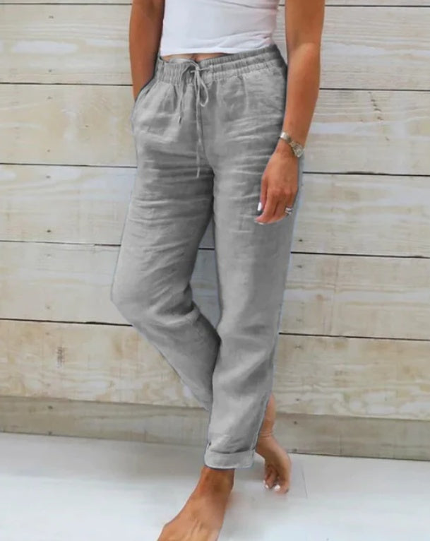 Pantalon élastique uni en coton et chanvre
