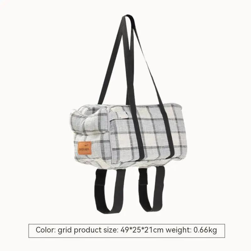 Car Central Control Pet Bag for Travel by AdTec, breathable gray plaid with black straps