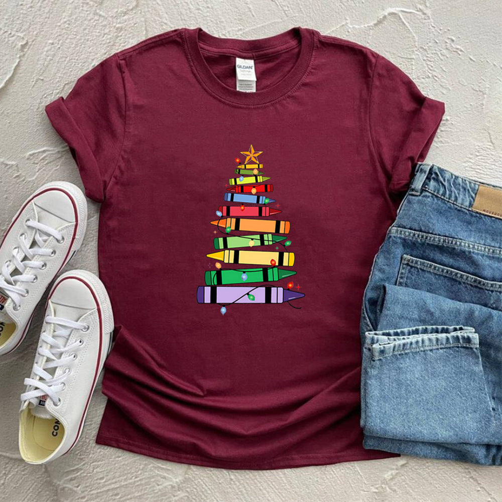 Camiseta de mujer con diseño de árbol de Navidad de crayones