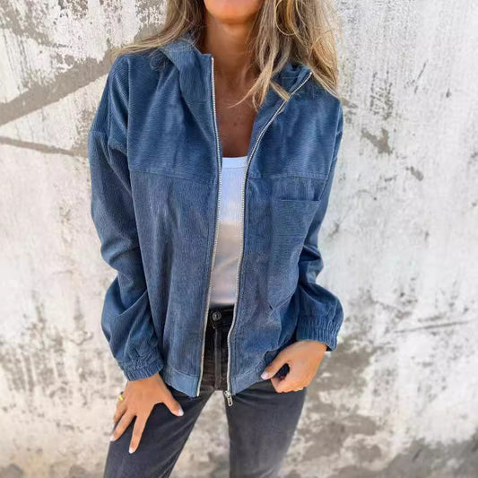 Chaqueta con capucha de pana lisa sencilla para mujer