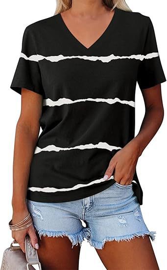 Camiseta Informal de Mujer Manga Corta con Rayas y Cuello en V
