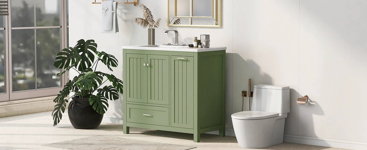 36 inch bathroom vanity with sink, one double door cabinet one large drawer and one flip drawer solid wood and MDF board, green by eprolo