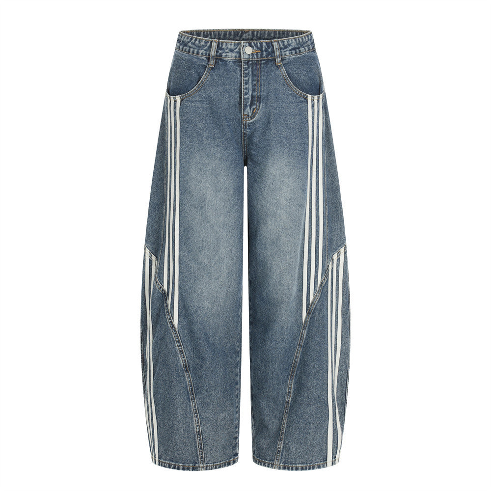 Three bar washed denim curved knife pants