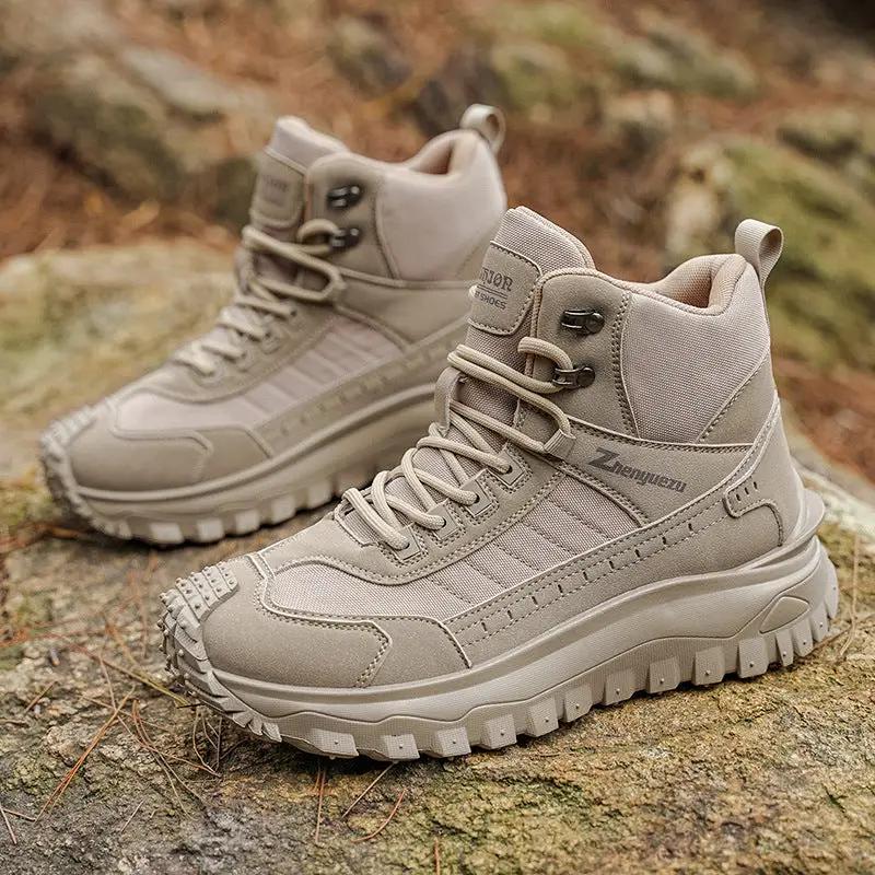Pair of AdTec men's outdoor hiking boots in beige with a thick, rugged sole