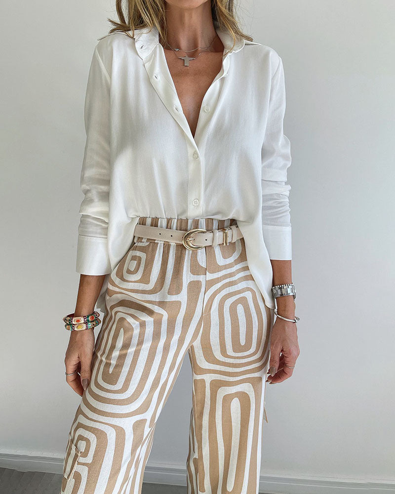 Ensemble Femme Chemise Décontractée à Revers et Manches Longues Imprimée et Pantalon Large