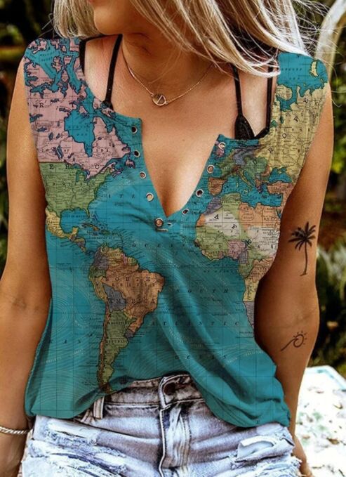Camiseta de manga corta con cuello de pico y estampado de mapa