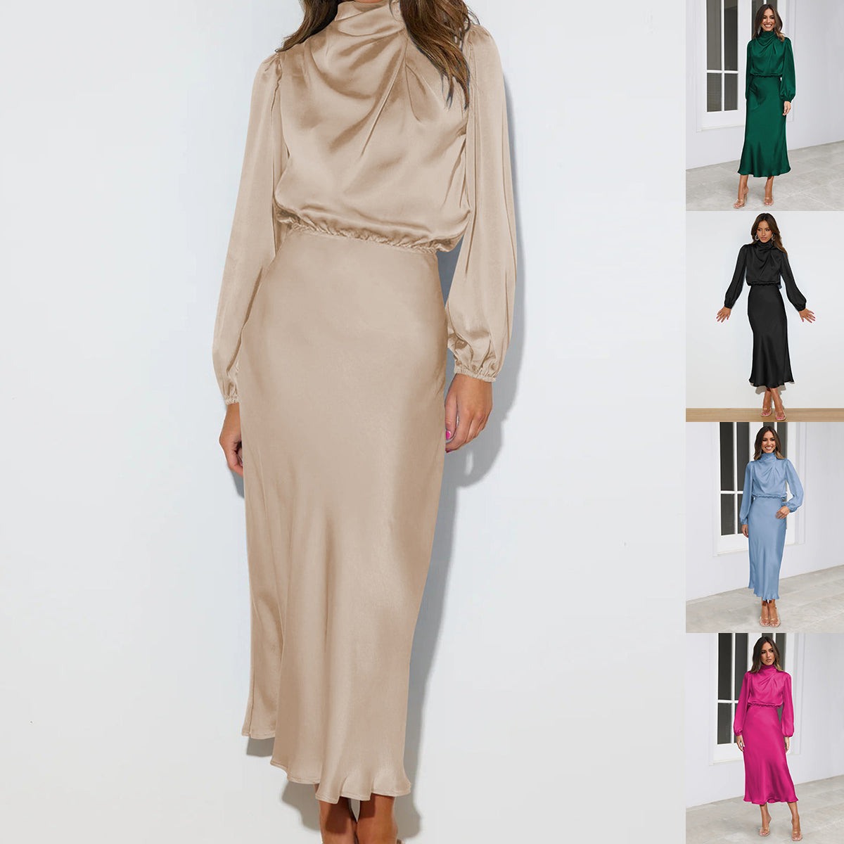 Vestido elegante de temperamento de manga larga, satén, cuello halter, vestidos de noche formales, ropa de mujer