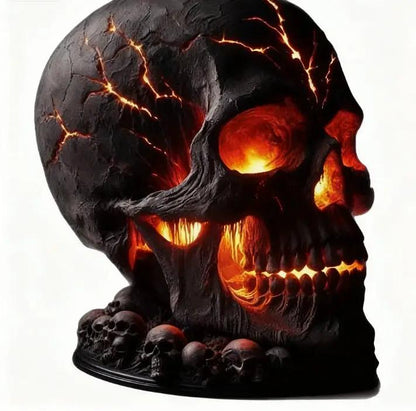 Skull desk lamp with lava stone design, glowing orange LEDs and skull base.